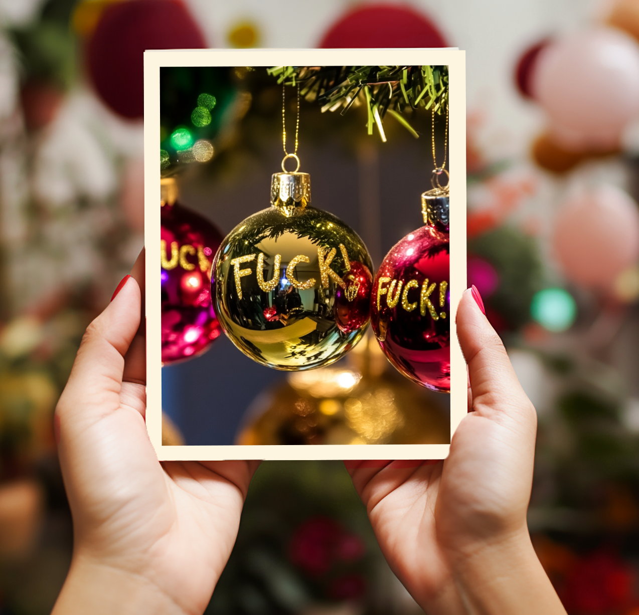 "FUCK!" ornaments swearing Christmas card