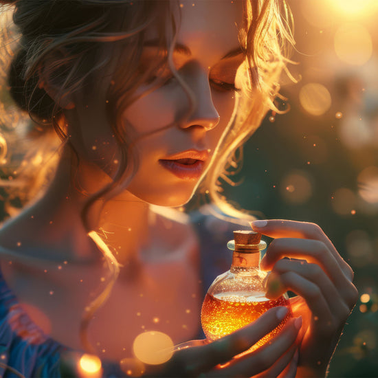 girl holding a golden elixir bottle of perfume, very magical feeling