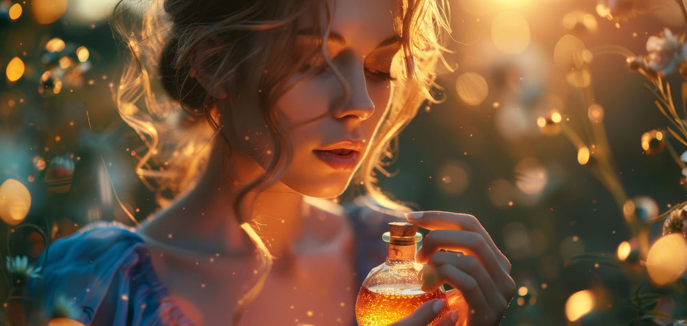 girl holding a golden elixir bottle of perfume, very magical feeling