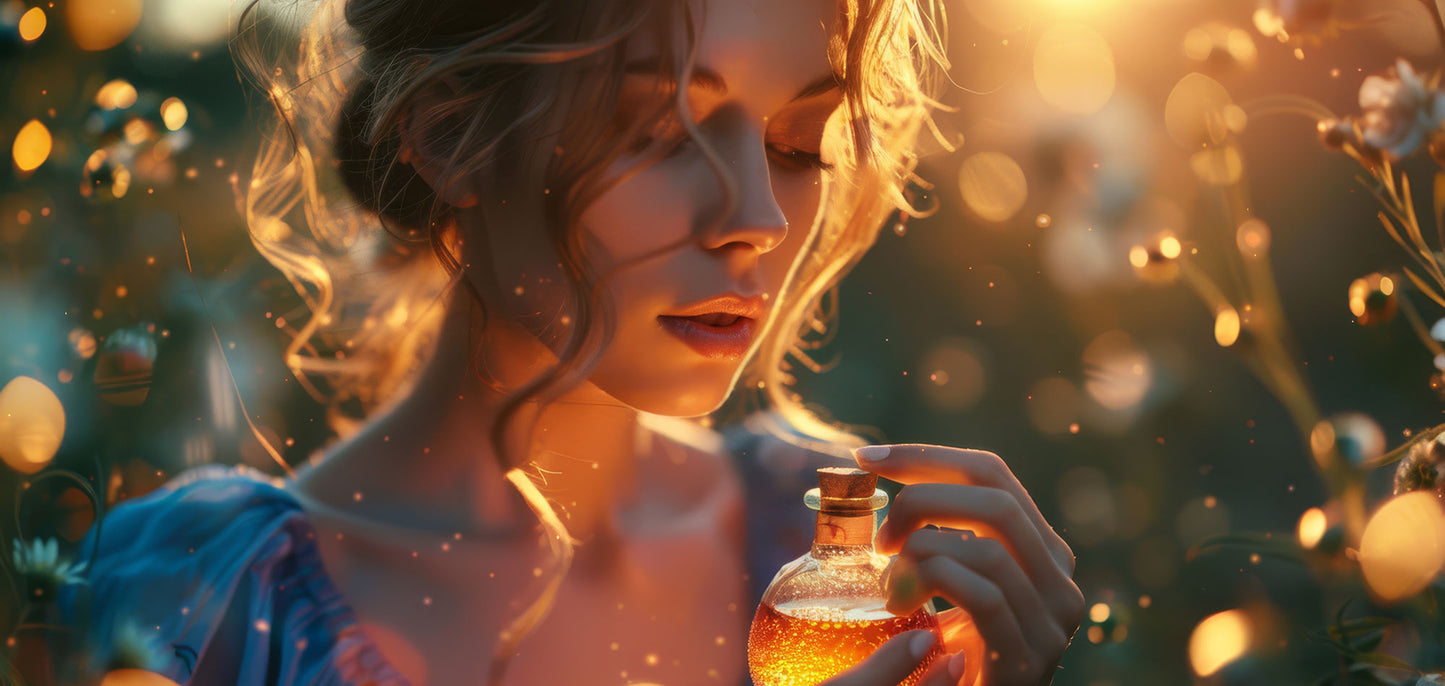 girl holding a golden elixir bottle of perfume, very magical feeling